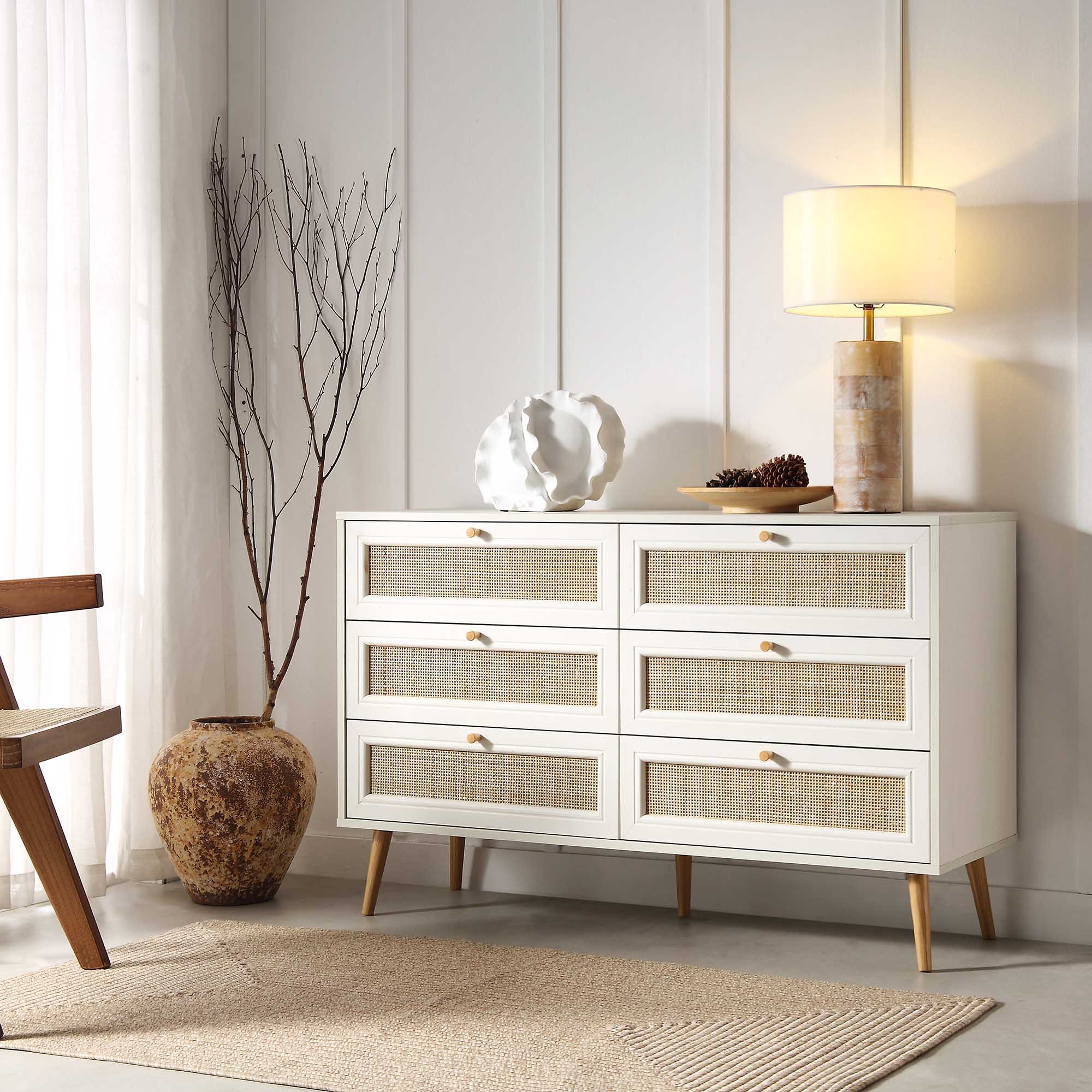 wicker dresser white SICOTAS Rattan 6-Drawer for Bedroom 51"Wide Chest of Drawers for Closet Large Storage Cabinet Farmhouse Boho Dresser TV Stand, Carbon Cherry They help keep your furniture looking good for the long run Wicker 6 Drawer Dresser -