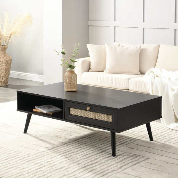 Frances Woven Rattan Wooden Coffee Table in Black