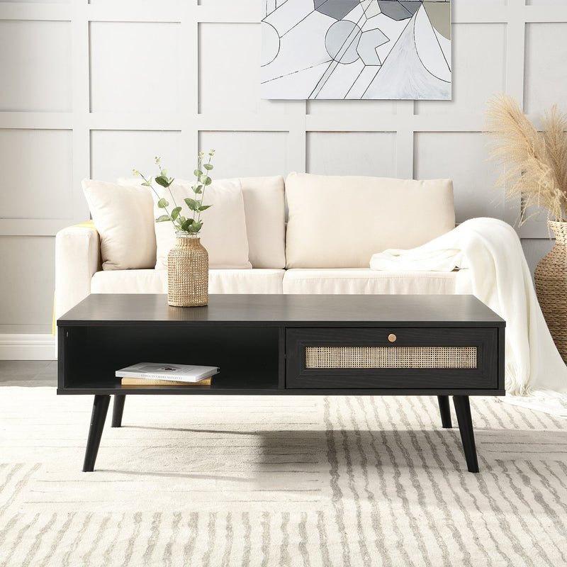 Frances Woven Rattan Wooden Coffee Table in Black