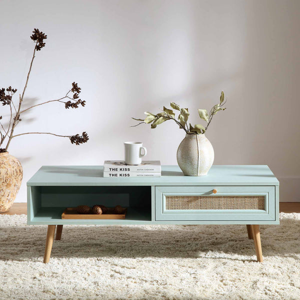 Frances Woven Rattan Wooden Coffee Table in Mint