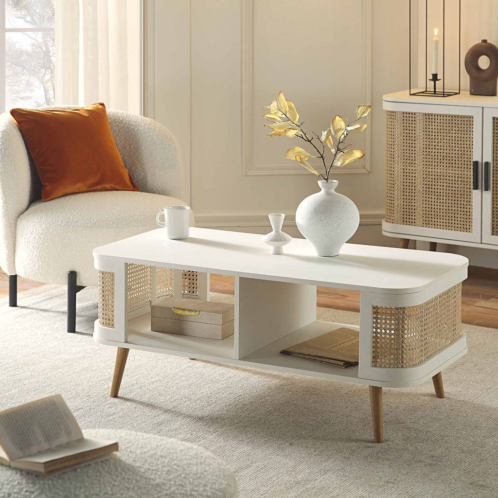Izzy Curved Rattan Coffee Table, White | daals.com
