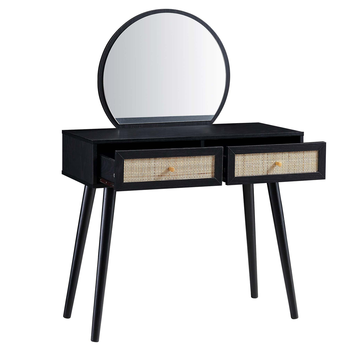 Vanity Bench Rattan Frances Woven Rattan Vanity Table with Mirror, Black | daals.com