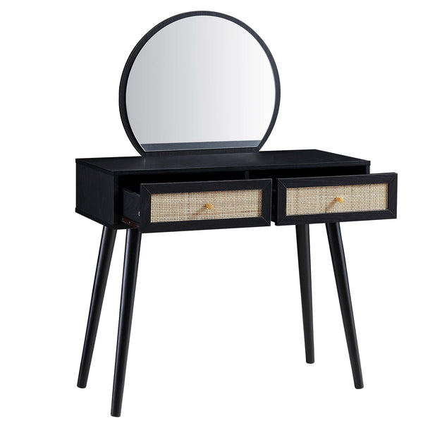 Frances Woven Rattan Vanity Table with Mirror, Black