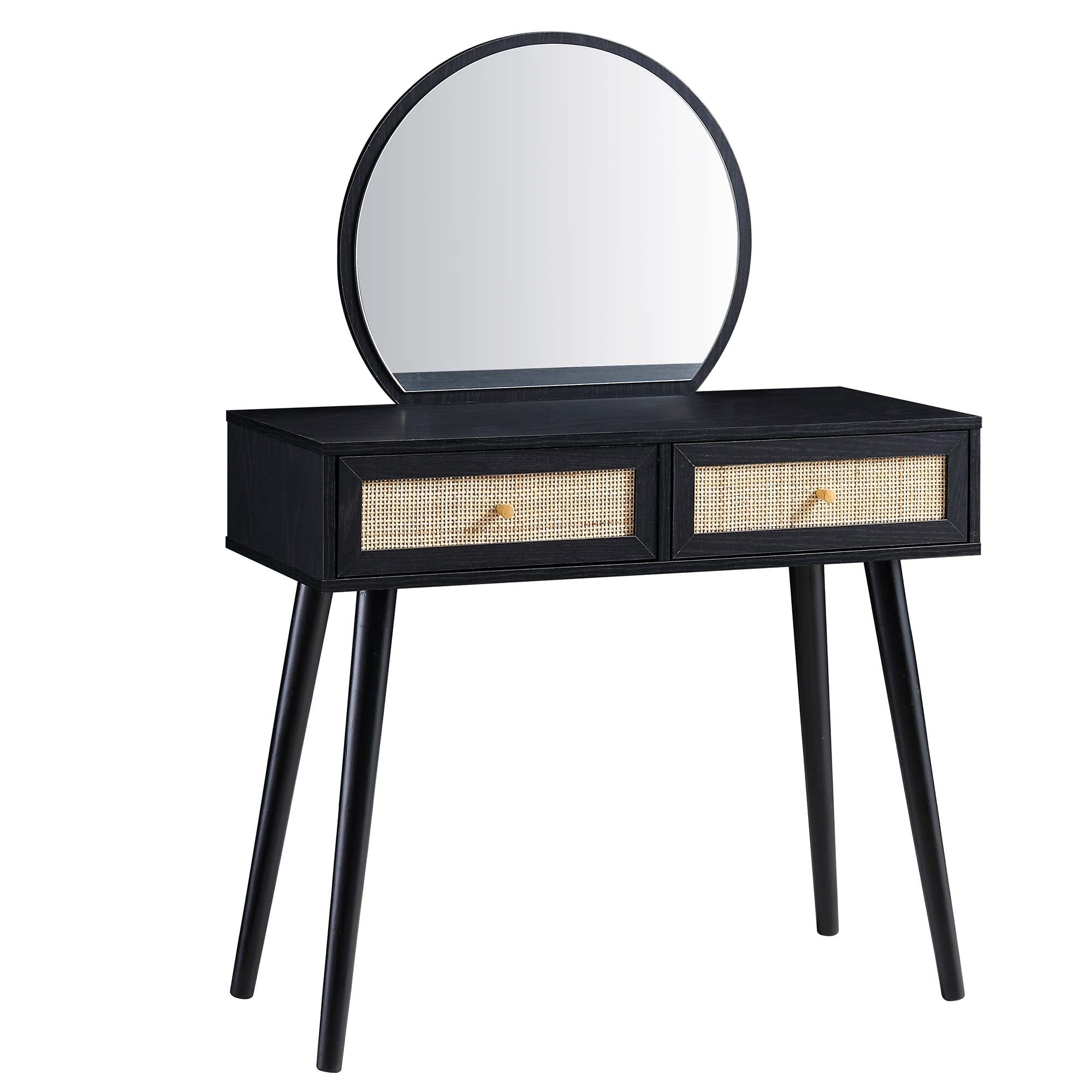 Frances Woven Rattan Vanity Table with Mirror, Black - daals - Dressing Table Frances Woven Rattan Vanity Table with Mirror, Black - daals - Dressing Table