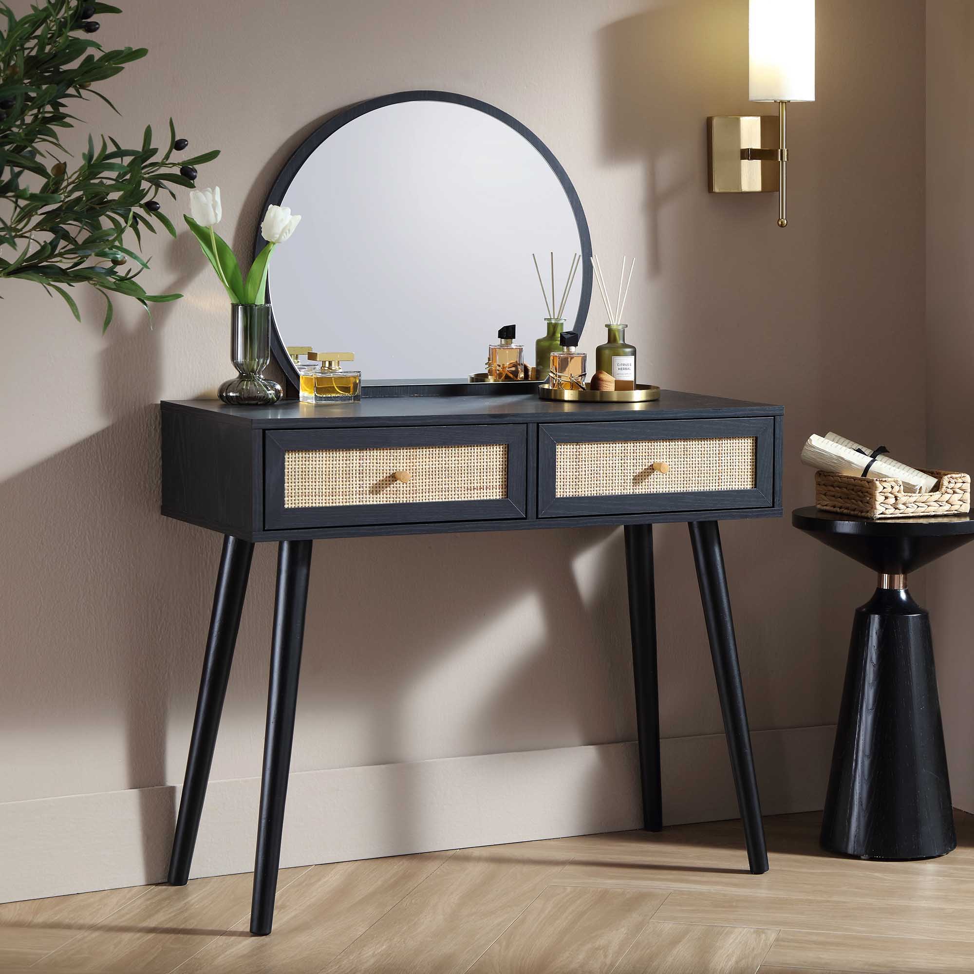 Frances Woven Rattan Vanity Table with Mirror, Black - daals - Dressing Table Frances Woven Rattan Vanity Table with Mirror, Black - daals - Dressing Table