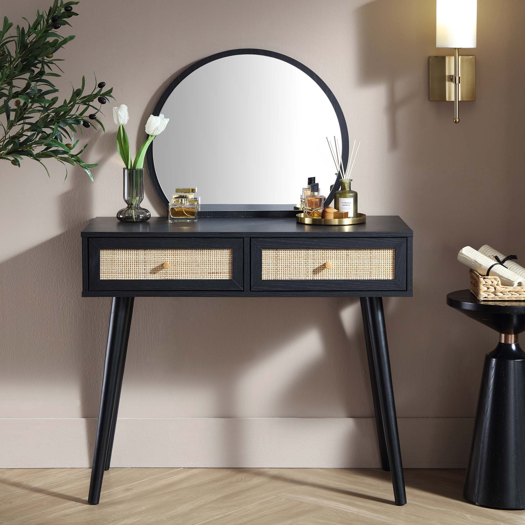 Frances Woven Rattan Vanity Table with Mirror, Black - daals - Dressing Table Frances Woven Rattan Vanity Table with Mirror, Black - daals - Dressing Table