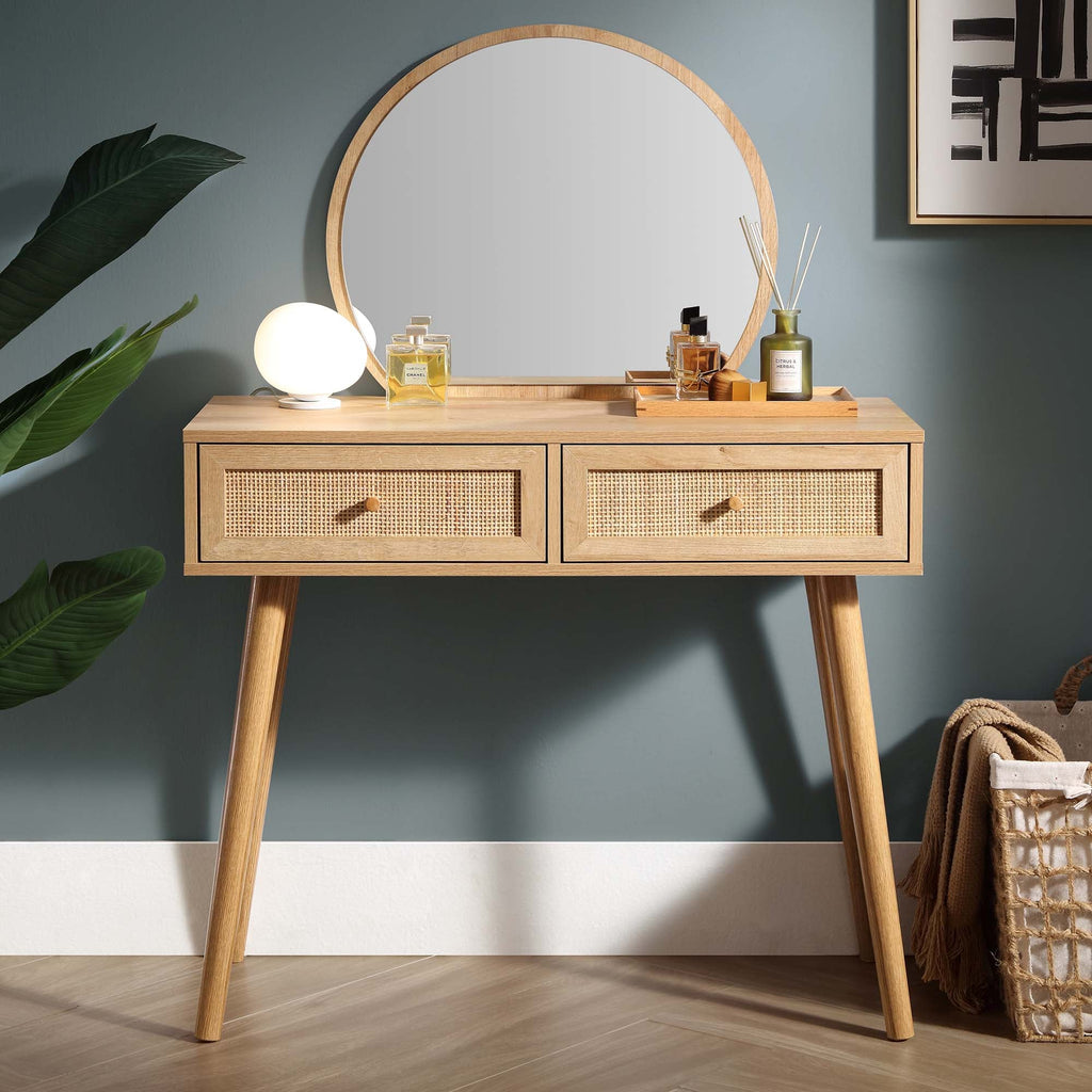 Vanity Bench Rattan Frances Woven Rattan Vanity Table with Mirror, Natural | daals.com