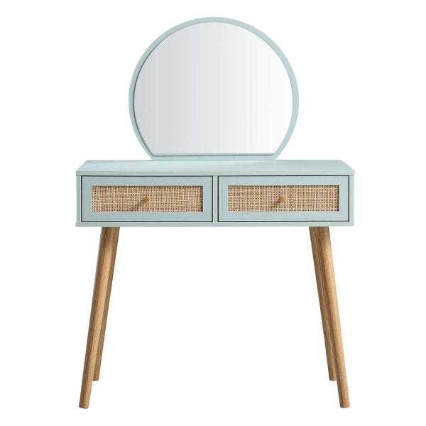 Frances Woven Rattan Vanity Table with Mirror, Mint
