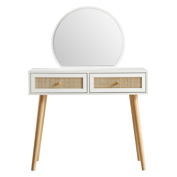 Frances Woven Rattan Vanity Table with Mirror, White