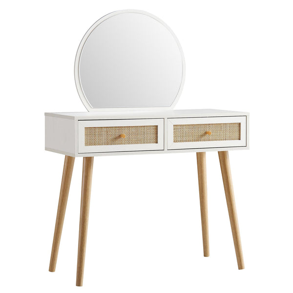 Frances Woven Rattan Vanity Table with Mirror, White