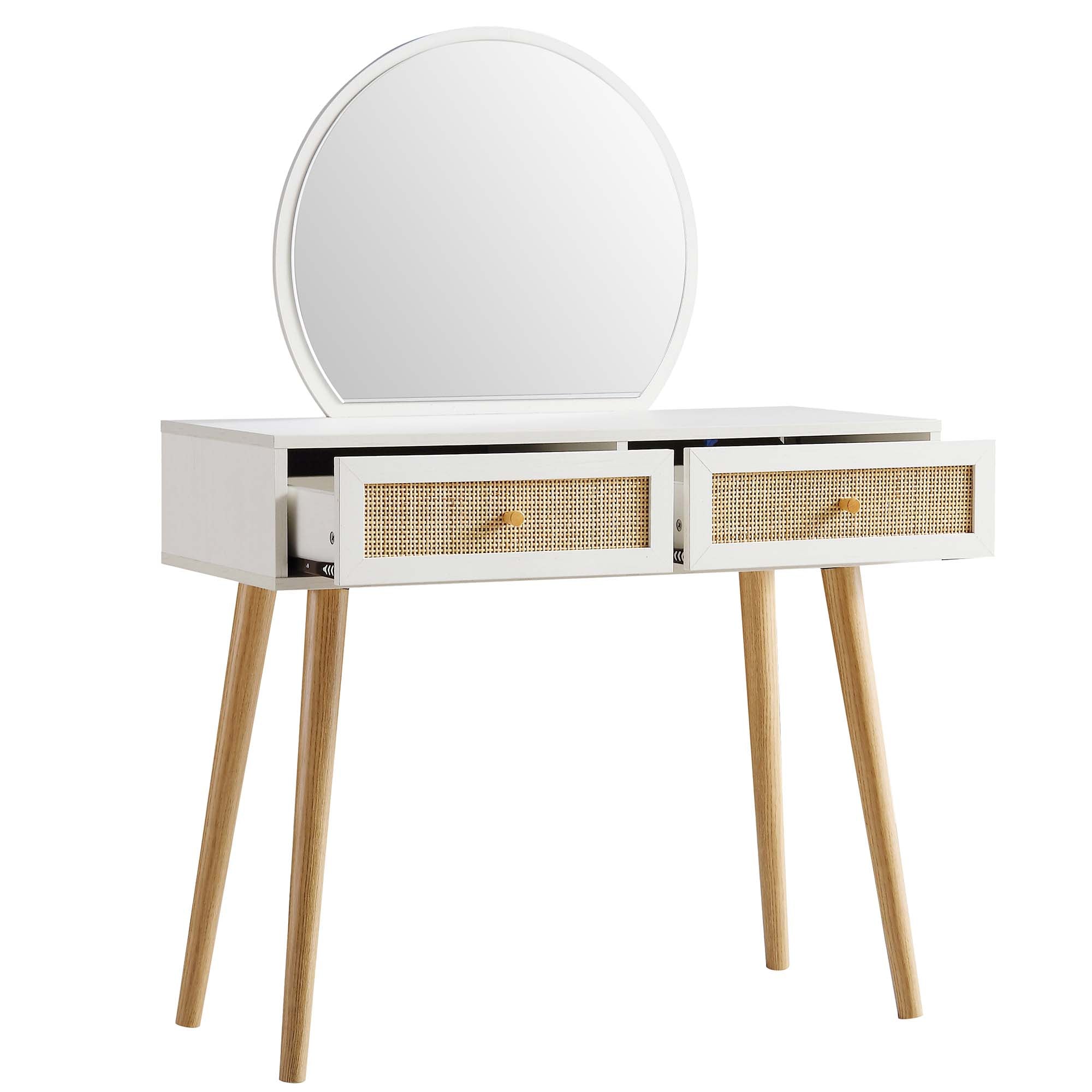 Frances Woven Rattan Vanity Table with Mirror, White - daals - Dressing Table Frances Woven Rattan Vanity Table with Mirror, White - daals - Dressing Table