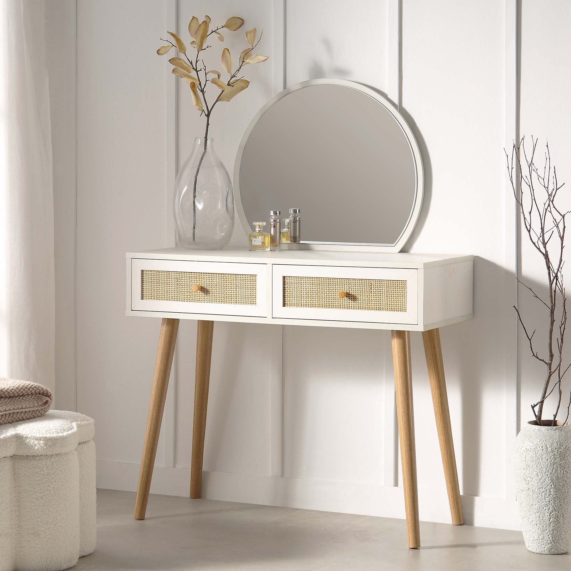 Frances Woven Rattan Vanity Table with Mirror, White | daals.com Frances Woven Rattan Vanity Table with Mirror, White | daals.com