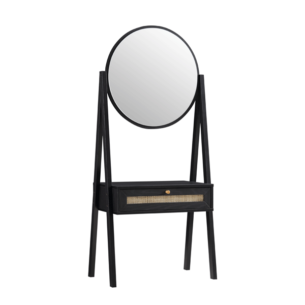 Frances Woven Rattan Standing Vanity Table with Mirror, Black