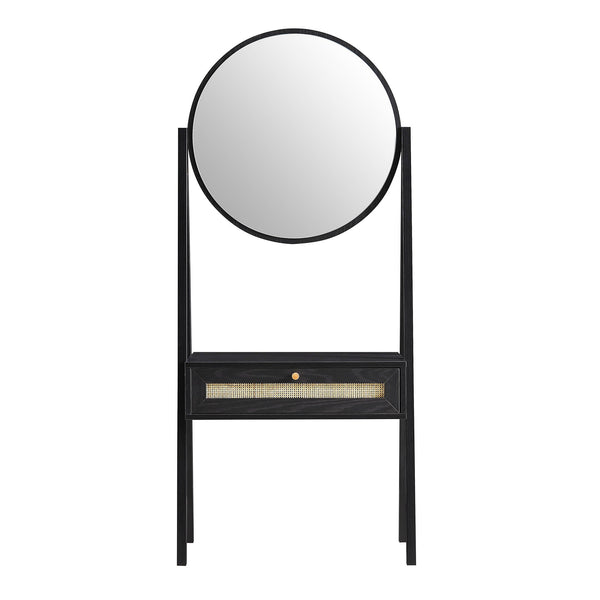 Frances Woven Rattan Standing Vanity Table with Mirror, Black