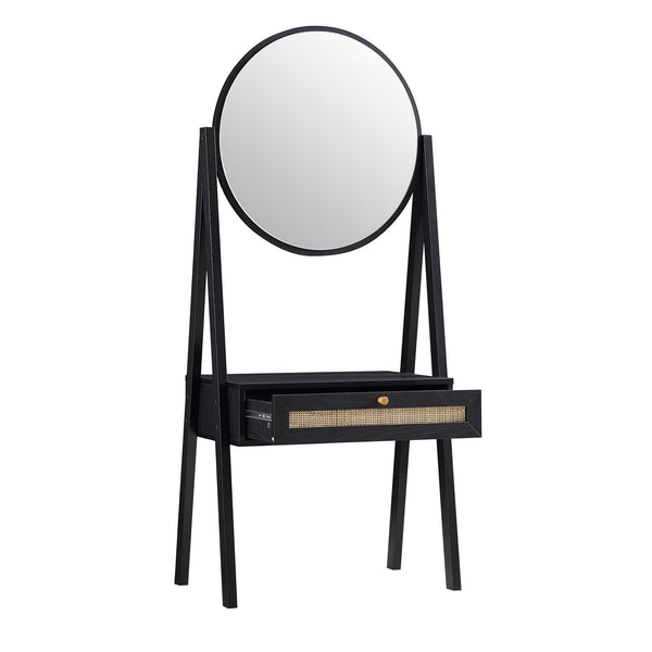 Frances Woven Rattan Standing Vanity Table with Mirror, Black