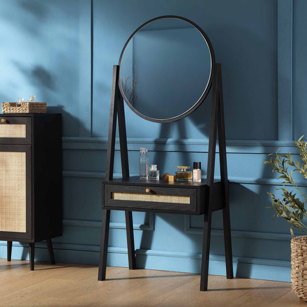 black dressing table with stool and mirror DRESSING TABLE WITH MIRROR +STOOL- BLACK HamptonandStewart