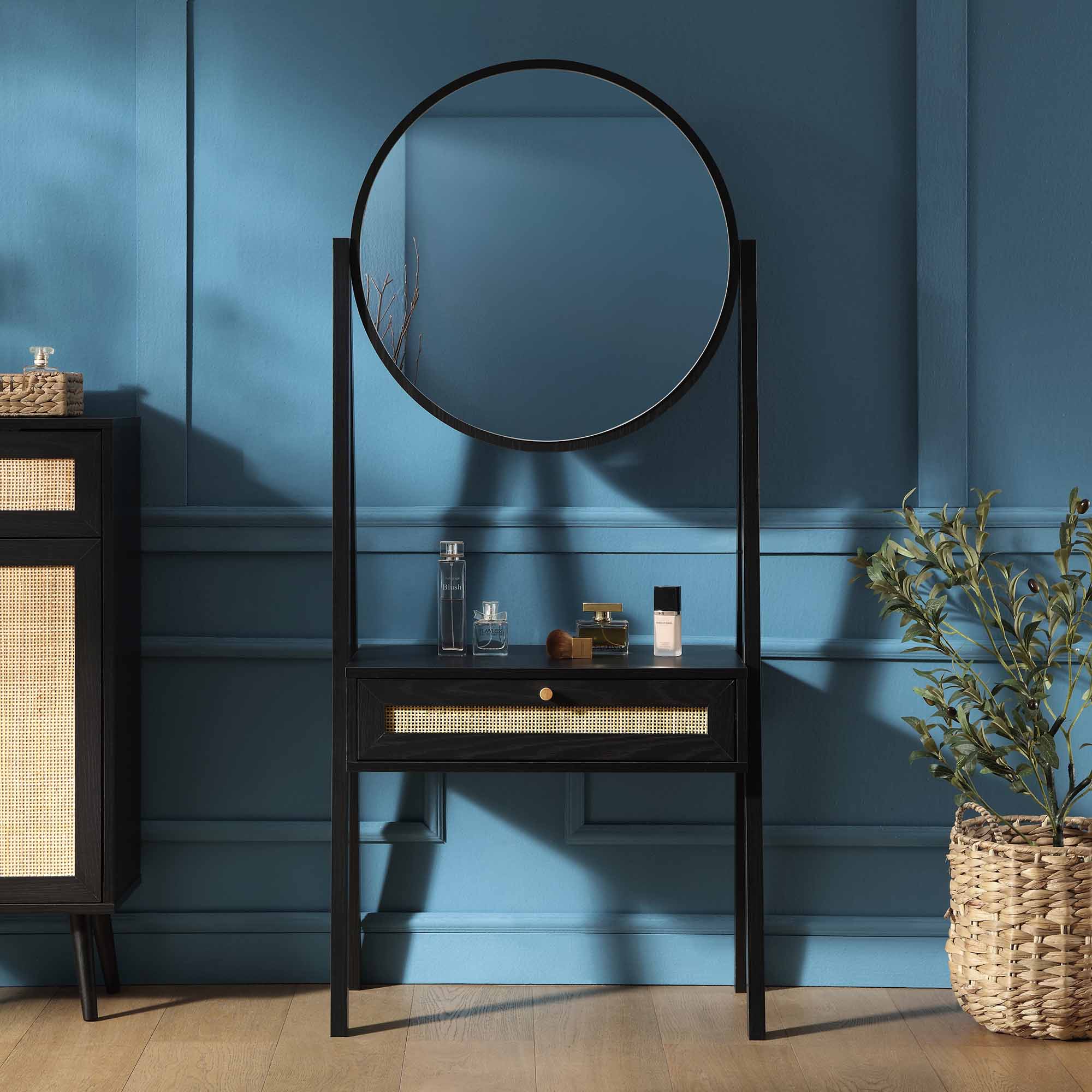 Frances Woven Rattan Standing Vanity Table with Mirror, Black | daals.com Frances Woven Rattan Standing Vanity Table with Mirror, Black | daals.com