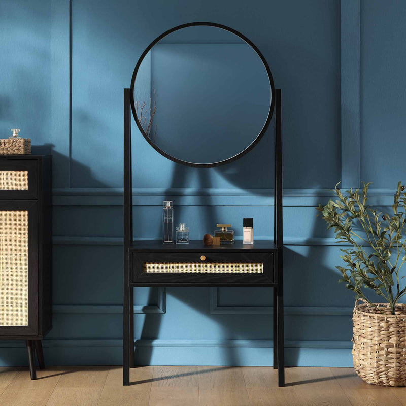 Frances Woven Rattan Standing Vanity Table with Mirror, Black