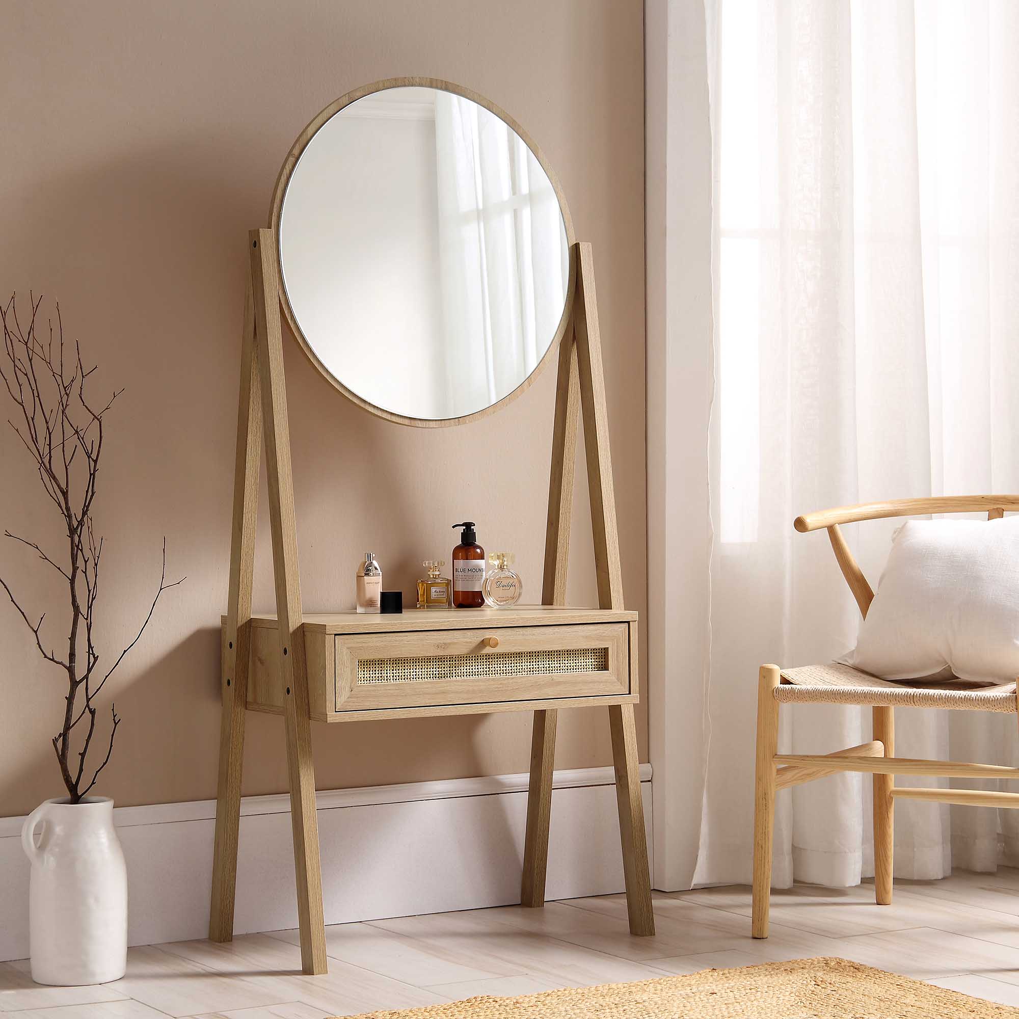 Solid Wood Single Pedestal Dressing Table, Mirror & Stool