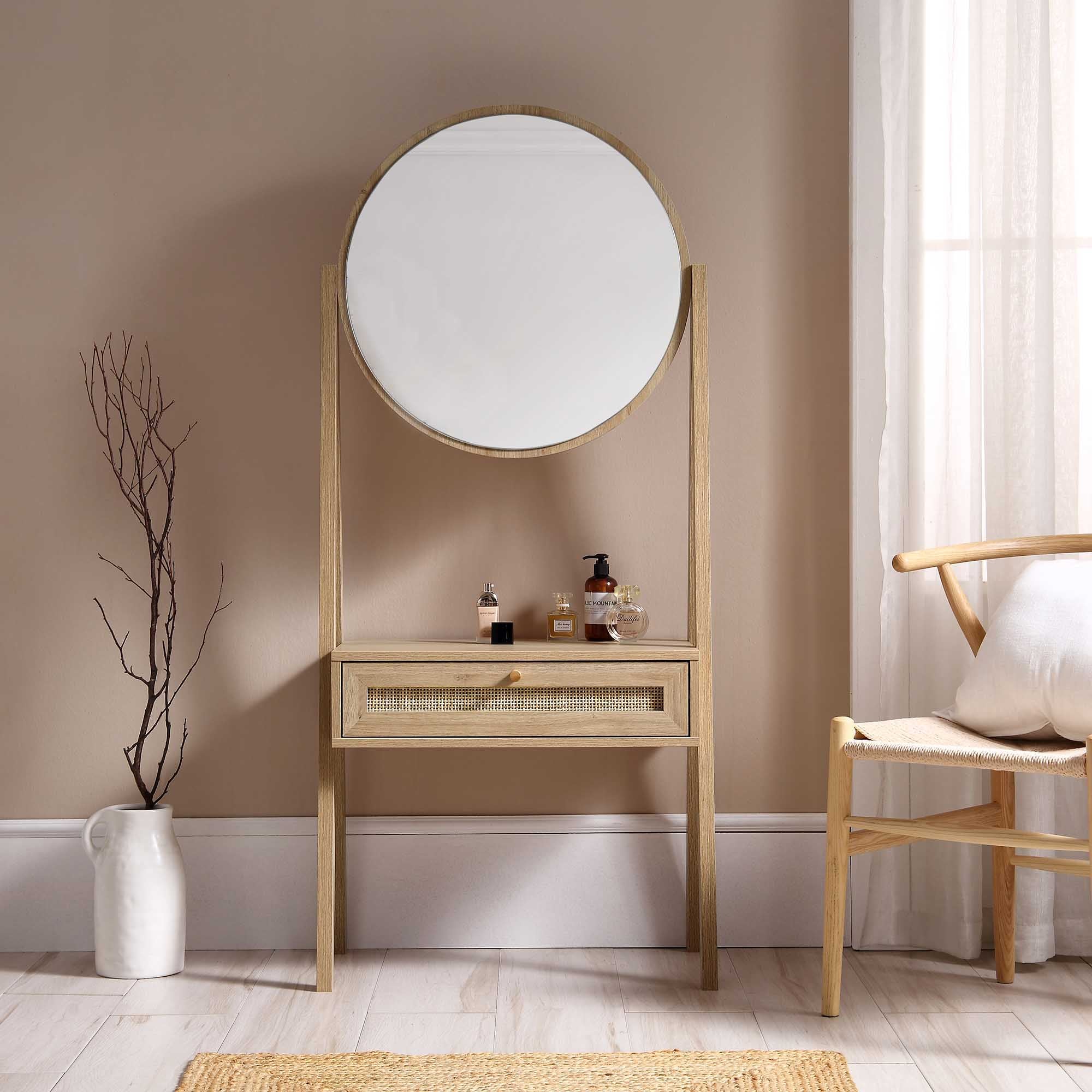 Frances Woven Rattan Standing Vanity Table with Mirror, Natural - daals - Dressing Tables Frances Woven Rattan Standing Vanity Table with Mirror, Natural - daals - Dressing Tables