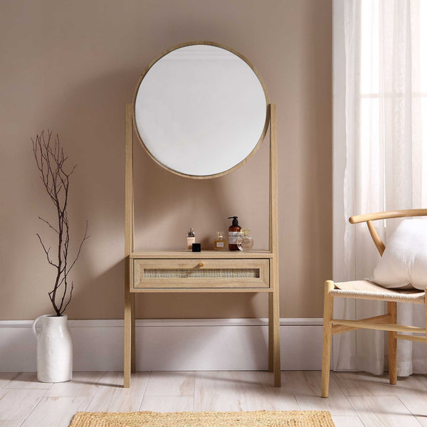 Frances Woven Rattan Standing Vanity Table with Mirror, Natural