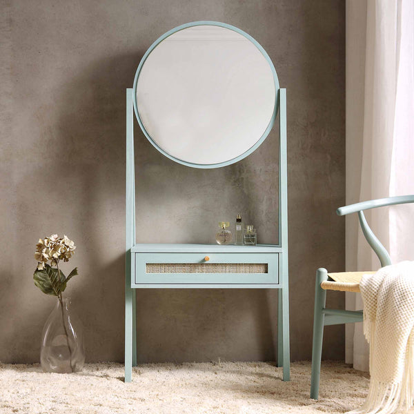 Frances Woven Rattan Standing Vanity Table with Mirror, Mint
