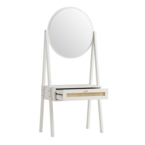 Frances Woven Rattan Standing Vanity Table with Mirror, White