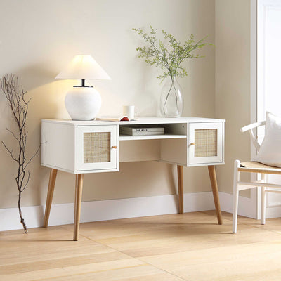 Frances Woven Rattan 2-Door Desk, White