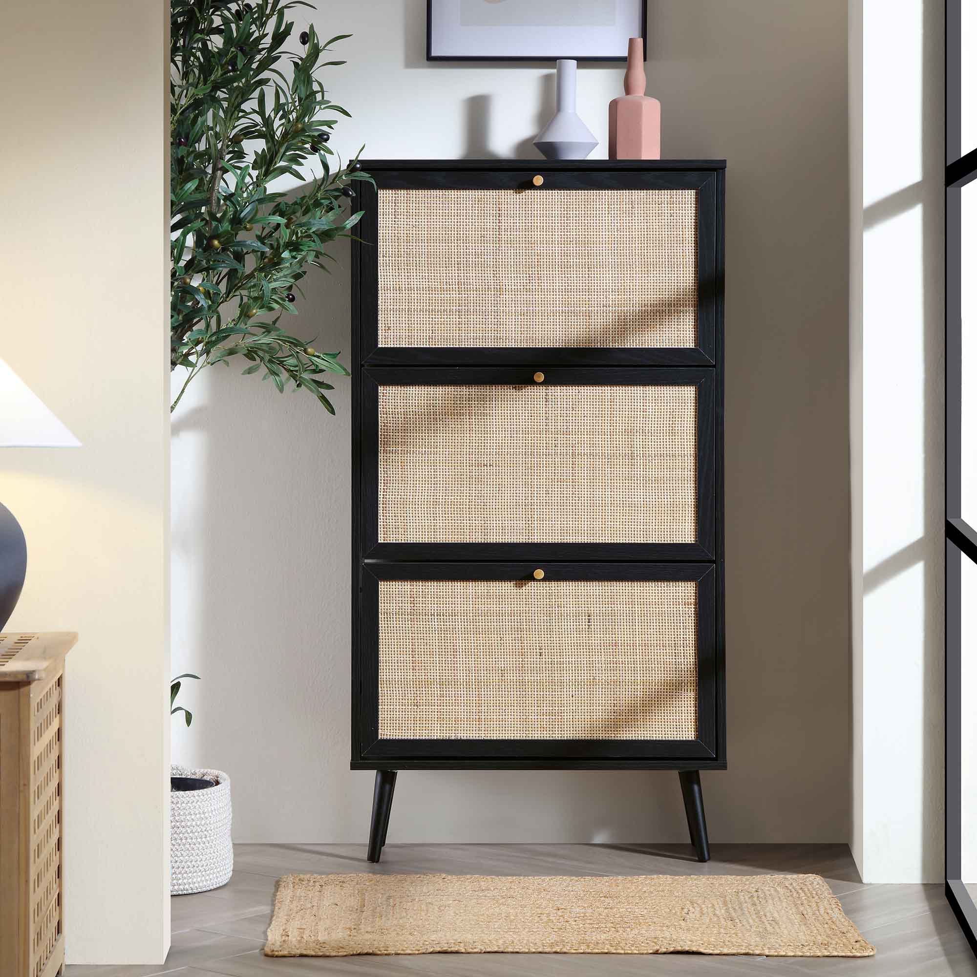 Frances Rattan Tier Shoe Cabinet, Black - Main Image