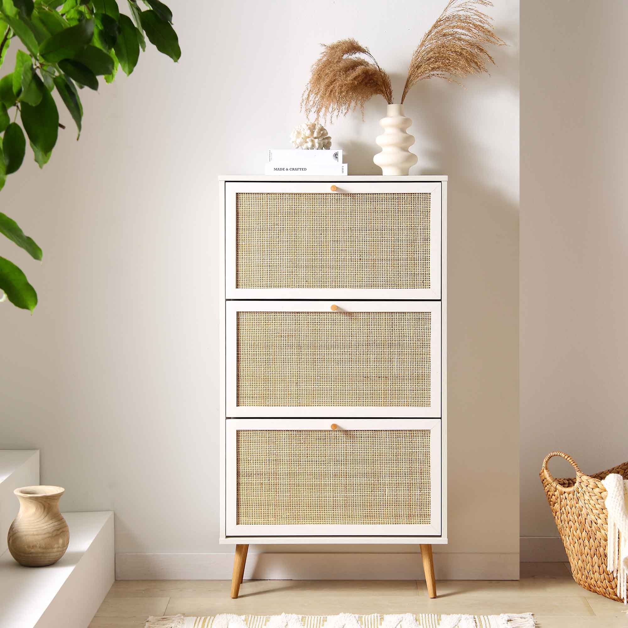 Frances Rattan 3 Tier Shoe Cabinet, White - daals Frances Rattan 3 Tier Shoe Cabinet, White - daals