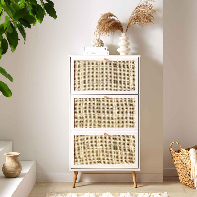 Frances Rattan 3 Tier Shoe Cabinet, White