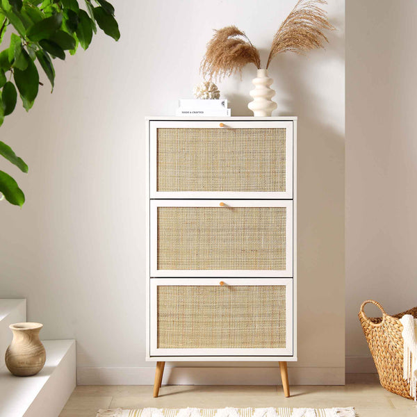 Frances Rattan 3 Tier Shoe Cabinet, White