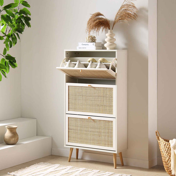 Frances Rattan 3 Tier Shoe Cabinet, White