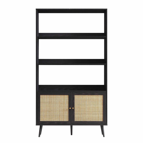 Frances Woven Rattan Bookcase with Doors, Black