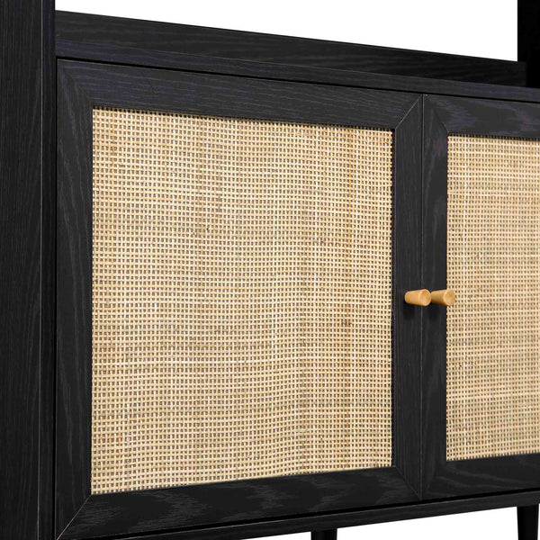 Frances Woven Rattan Bookcase with Doors, Black