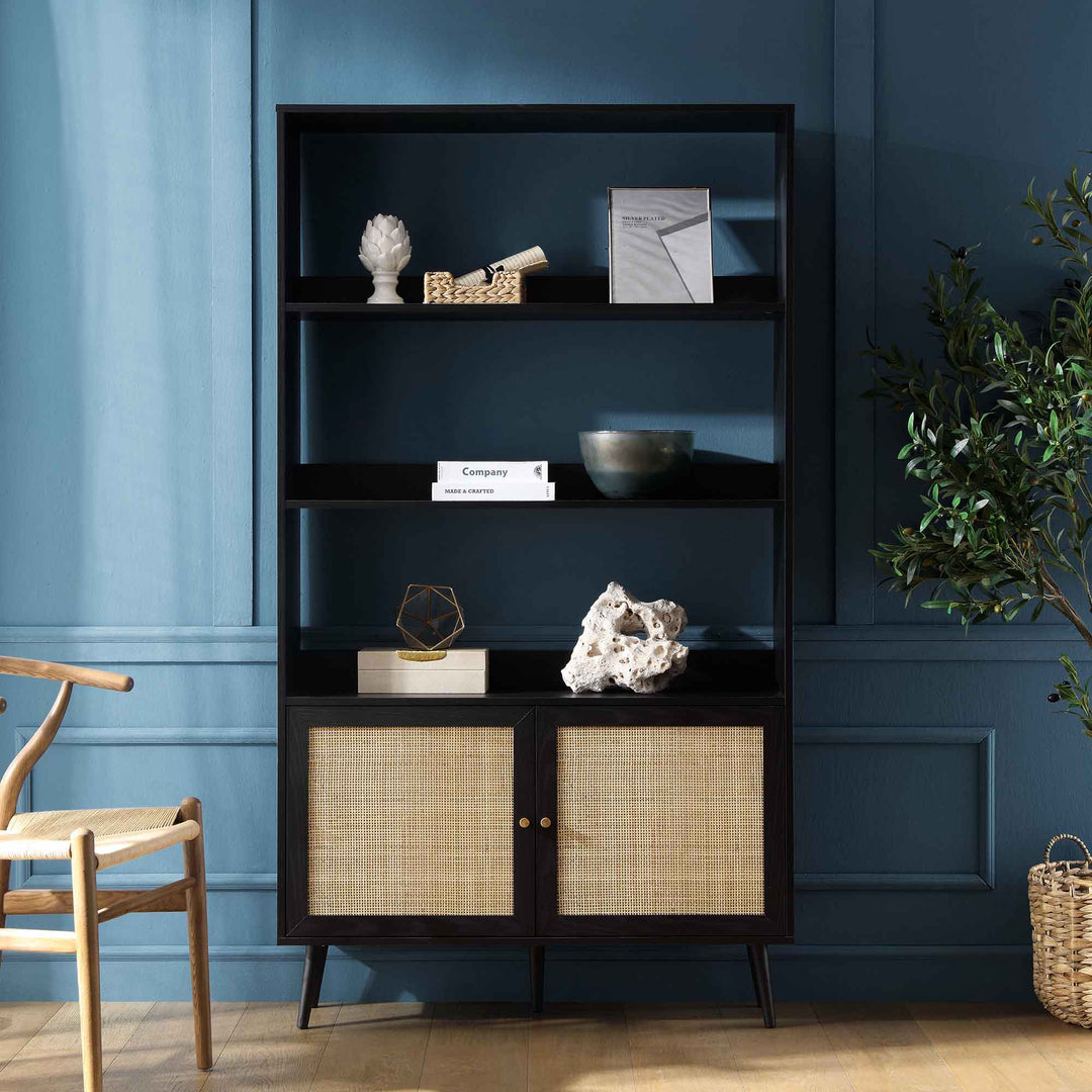 Frances Woven Rattan Bookcase with Doors, Black | daals.com