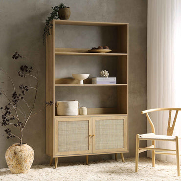 Frances Woven Rattan Bookcase with Doors, Natural | daals.com