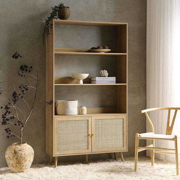 Frances Woven Rattan Bookcase with Doors, Natural | daals.com