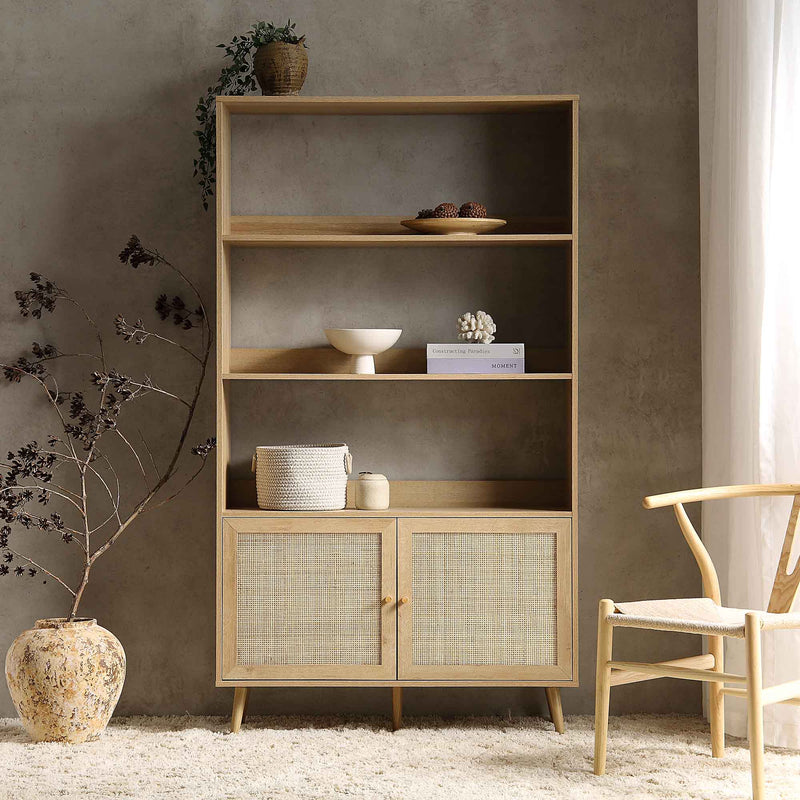 Frances Woven Rattan Bookcase with Doors, Natural