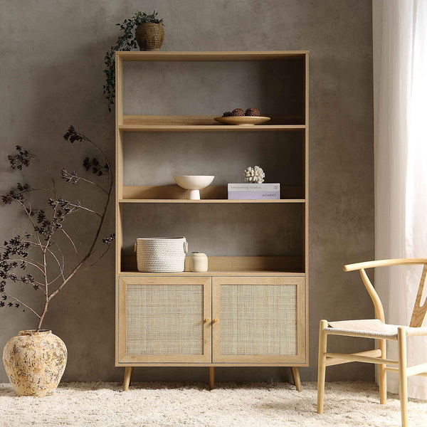 Frances Woven Rattan Bookcase with Doors, Natural