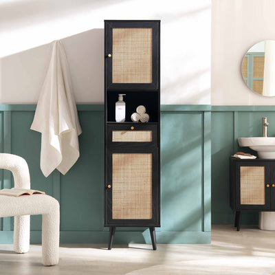 Frances Woven Rattan Tallboy Bathroom Unit, Black