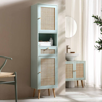 Frances Woven Rattan Tallboy Bathroom Unit, Mint Green