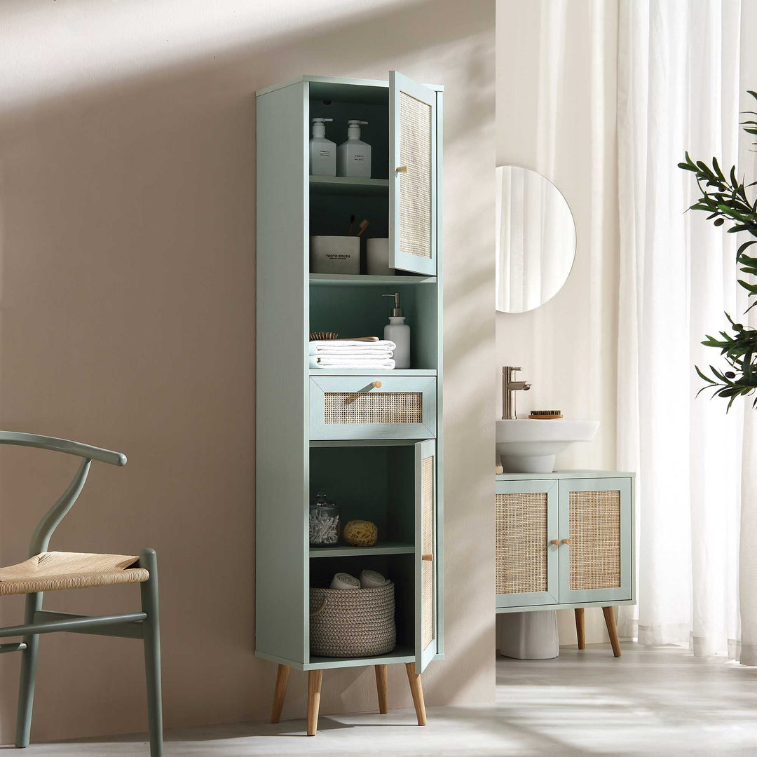 Frances Woven Rattan Tallboy Bathroom Unit, Mint Green | daals.com
