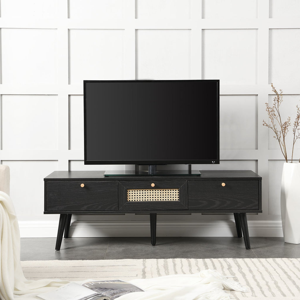 Anya Woven Rattan 3-Drawer TV Unit in Black | daals.com