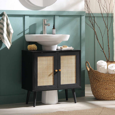 Frances Woven Rattan 2-Door Bathroom Undersink Cabinet, Black