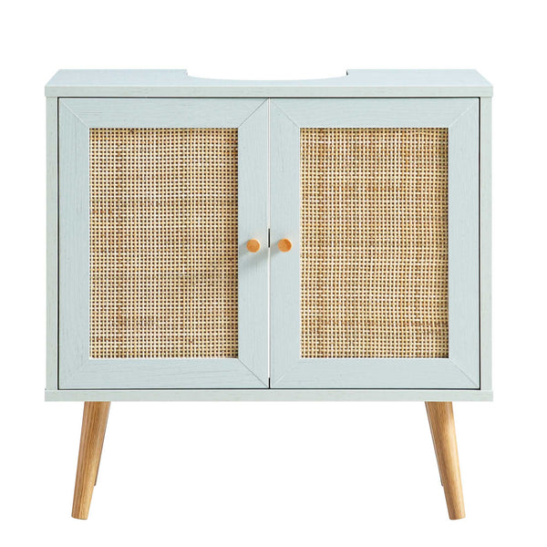 Frances Woven Rattan 2-Door Bathroom Undersink Cabinet, Mint Green