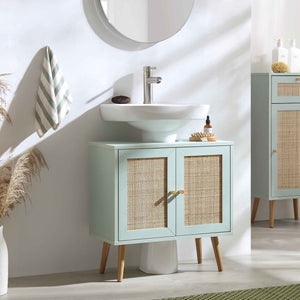 Frances Woven Rattan 2-Door Bathroom Undersink Cabinet, Mint Green