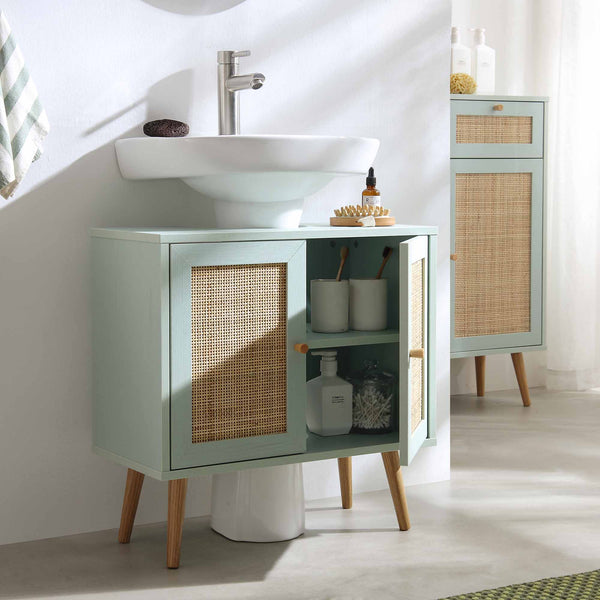 Frances Woven Rattan 2-Door Bathroom Undersink Cabinet, Mint Green
