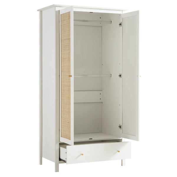 Frances Rattan Double Closet with 1 Drawer, White