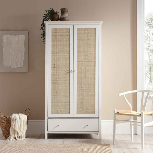 Frances Rattan Double Closet with 1 Drawer, White